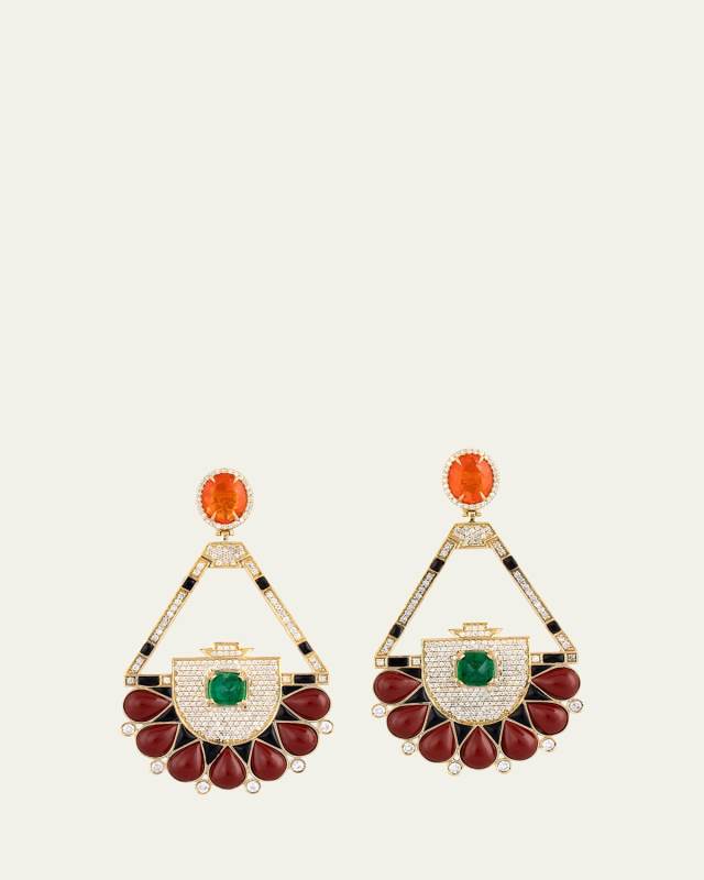 18K Yellow Gold Drop Earrings with Diamonds, Fire Opal, Emerald, Jasper and Onyx